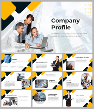 Company profile slide deck with sections on history, products, and financial performance, highlighted with yellow accents.