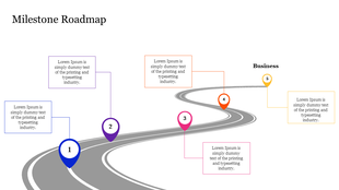 Winding road illustration with five colorful pins marking numbers, each with text boxes along the path.