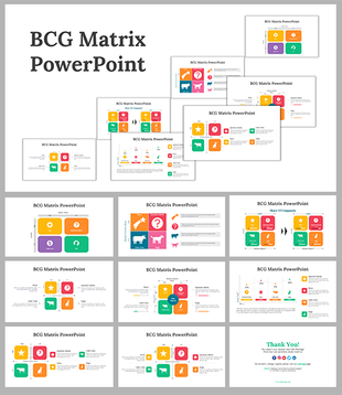 Slide deck featuring BCG matrix layouts in bright colors, including icons and categorized business growth stages.