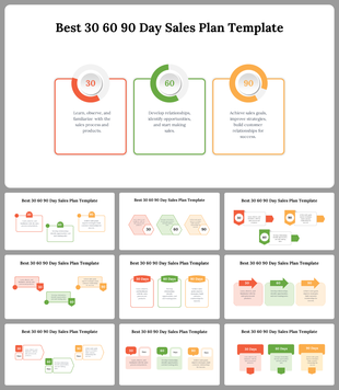 30 60 90 day sales plan slide deck with colorful layouts, highlighting goals for each time period in red, green, and yellow.