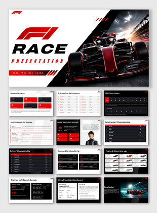 F1 Race Presentation PowerPoint template with Formula 1 cars, race calendar, standings, and teams.