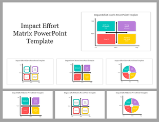 Impact effort matrix slides categorizing tasks by effort and impact using quadrants and colorful labels.