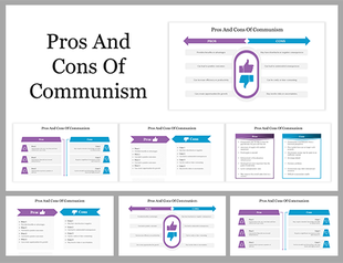 Slide deck comparing the pros and cons of communism, using thumbs up and down icons and contrasting colors.