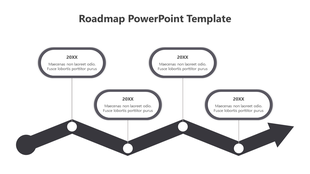 Four-step roadmap in a zigzag design with connected milestones represented by circular nodes and text boxes for descriptions.