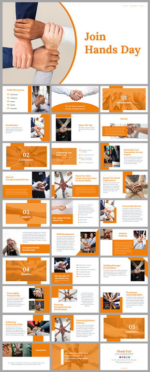 Join Hands Day PowerPoint slides covering celebration ideas, impacts, benefits, and ways to contribute.