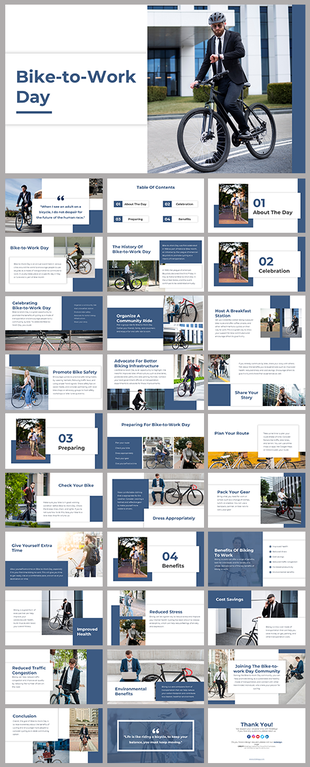 Informative slides discussing the significance of Bike to Work day including safety tips and community events with images.
