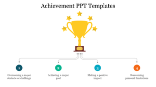 Achievement slide featuring a large golden trophy at the center, surrounded by five gold stars, with four labeled sections.