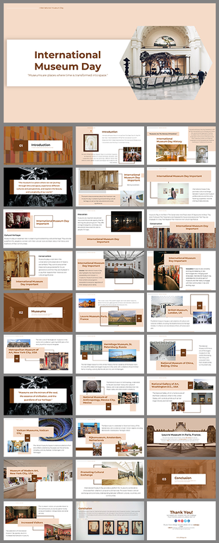 Presentation on international museum day featuring slides on history, importance, and famous museums worldwide.