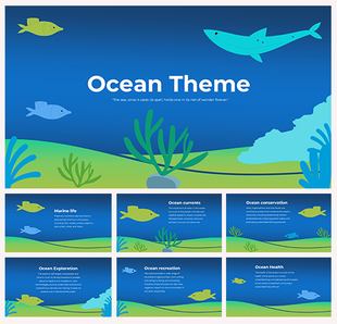 Ocean themed slides featuring colorful marine life illustrations and vibrant underwater scenery.