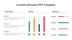 Creative resume layout with education dates on the left, skill progress bars, and language fluency indicators on the right.