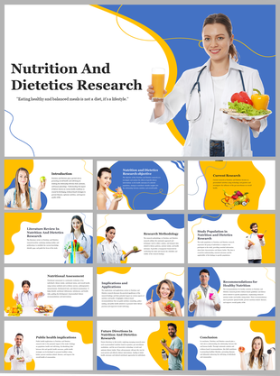 Nutrition themed slide deck with doctors, healthy food visuals, in bold blue and yellow backgrounds.