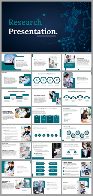 Research presentation slide deck with dark blue theme, science icons, and placeholders for methodology, ethics, and findings.