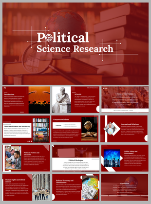 Political science research slide deck with images of Aristotle, government structures, and global topics.