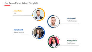 Team slide with four professionals in circular frames, names, and titles aligned with lines, using colour accents.