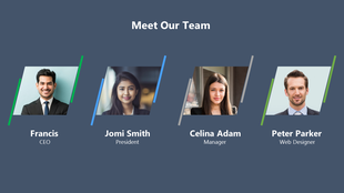 Our team presentation slide featured four team members each with their role listed on a grey backdrop.