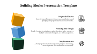 Stacked colorful building blocks representing project phases with aligned text descriptions and icons.