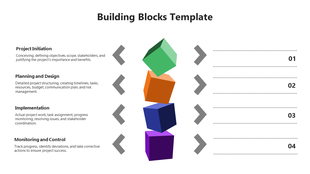 Building blocks infographic with four tilted cubes in green, orange, blue, and purple, representing project phases.