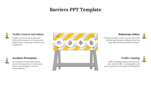 Barriers PPT slide with a roadblock illustration in the center highlighting key topics with descriptions and icons.