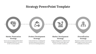 Horizontal strategy flow with four circular icons representing different strategies, labeled with brief descriptions below.