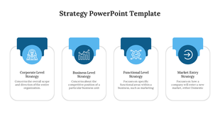 Strategic framework slide with four boxes accompanied by blue icons with placeholder text.