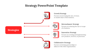 Slide with red square blocks featuring icons, showing four business strategies connected by lines on a white background.