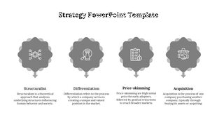 Strategy layout with four decorative gray icons showing gear, chess, checklist, and handshake, with captions underneath.
