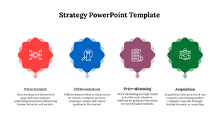 Four multicolored flower like shapes in red, blue, purple, and green, each containing an icon and text.