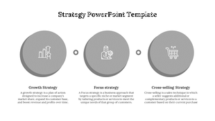 Horizontal layout of three raised gray circles with business-related icons and bold strategy titles below.