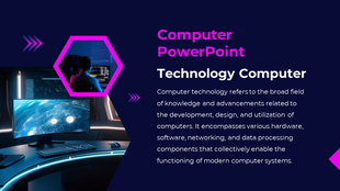 Slide showcasing computers and text detailing hardware, software, and networking components on a dark backdrop.