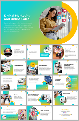 Modern slide deck with gradient backgrounds, circular elements, and images showcasing digital marketing topics.