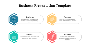 Four hexagonal icons arranged in two rows, each in blue, yellow, teal, and red, depicting business concepts.