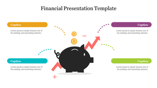 Piggy bank illustration with a red arrow and gold coins, surrounded by captions in purple, green, yellow, and teal boxes.