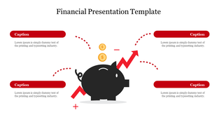 Financial presentation layout featuring a black piggy bank with red upward arrow, and four captions around it.