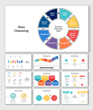 Data cleansing cycle PowerPoint slides with different colorful layout designs with icons and text descriptions.