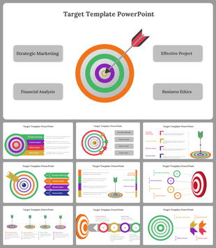 Slide deck showcasing various target themed layouts with arrows and labeled sections for business strategies.
