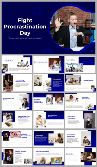 Slide deck for Fight Procrastination Day, covering many topics with images and text descriptions.