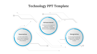 A layout with three prominent circles representing technology topics, set against a network background