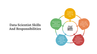 An infographic slide illustrating the skills and responsibilities of a data scientist in a colorful circular model.