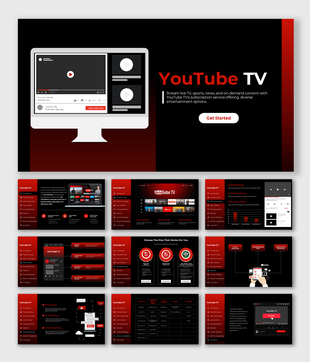 YouTube tv slides showcasing live streaming and on demand content with a sleek black and red design.
