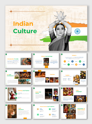 Indian Culture slide DECK featuring a classical Indian dancer in traditional attire with the Indian flag background.