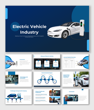 PowerPoint slide deck on electric vehicles, featuring topics like innovation, industry challenges, and future trends.