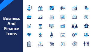 Business And Finance Icons in blue tones showing charts, money, teams, reports, and planning symbols.