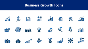 Business Growth Icons with blue charts, arrows, money, and success symbols on white background for presentations.