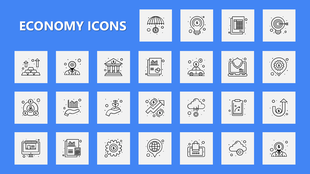 Economy Icons slide with 25 line icons of finance, banking, growth, data, and planning on a blue and gray background.