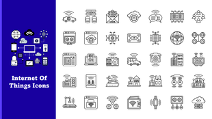 IoT Icons with cloud, devices, servers, cars, homes, smart tech in line style, blue text panel, white layout.