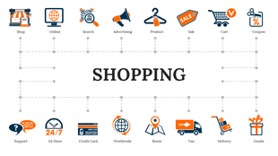 Slide with a grid of shopping-related icons in orange and blue, centered around the title, on a white background.