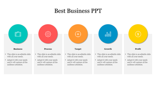 Five circular icons in teal, red, orange, blue, and yellow, representing business, process, target, growth, and profit.
