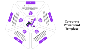 Pentagonal layout with purple highlights, featuring five connected segments, and a central figure sitting on an upward arrow.