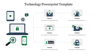 Technology themed infographic featuring a laptop, tablet, smartphone, and cybersecurity icons connected to six caption boxes.