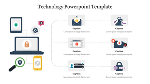Slide showcasing a laptop and other devices linked to six detailed icons in multicolor with captions.
